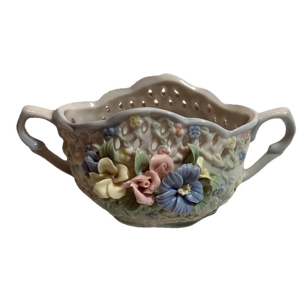 Victorian Style Small Porcelain Basket With Delicate Pastel Roses Unmarked